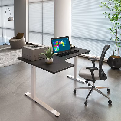 Modern Office Desk Setup with Laptop Printer Small Plant and Ergonomic Chair in Bright Interior 3d model