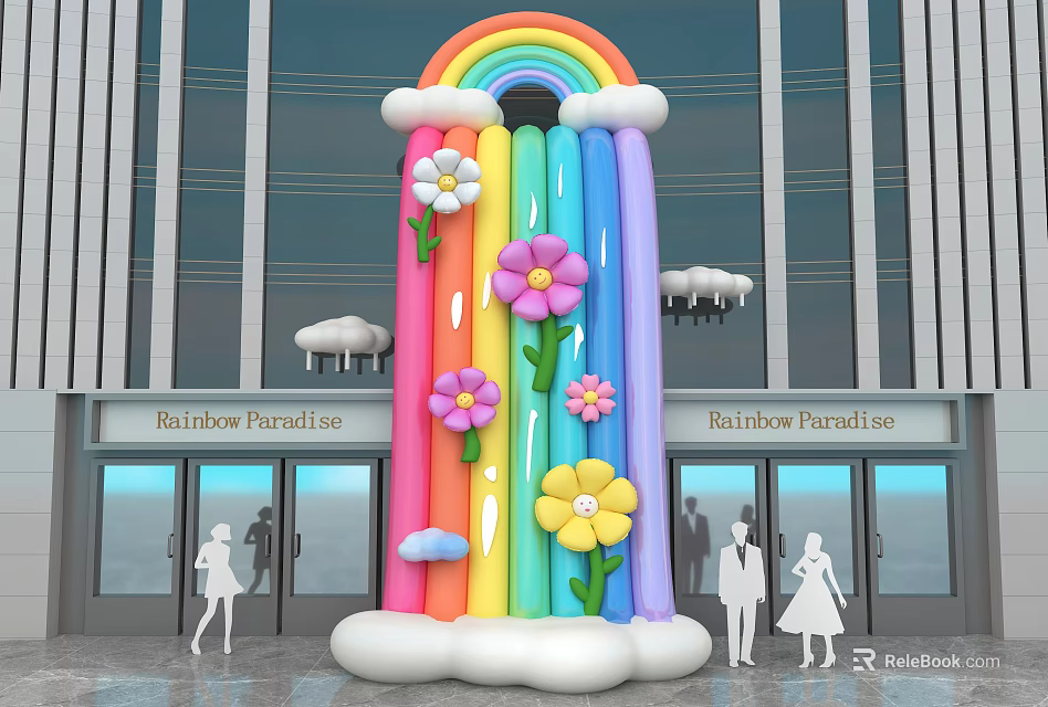 Inflatable Rainbow Arch Decoration With Colorful Flowers And Clouds For Building Entrance 3d model 