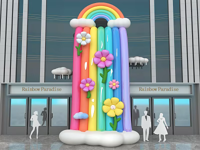 Inflatable Rainbow Arch Decoration With Colorful Flowers And Clouds For Building Entrance 3d model