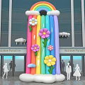 Inflatable Rainbow Arch Decoration With Colorful Flowers And Clouds For Building Entrance