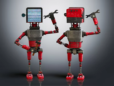 Two Red and Gray Robots with Screen Head and Red Square Head Holding Wrenches 3d model