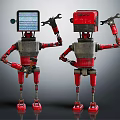 Two Red and Gray Robots with Screen Head and Red Square Head Holding Wrenches