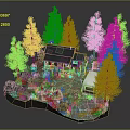 Cartoon Forest Scene With Log Cabin Tall Pine Trees Rocky Ground And Green Mat