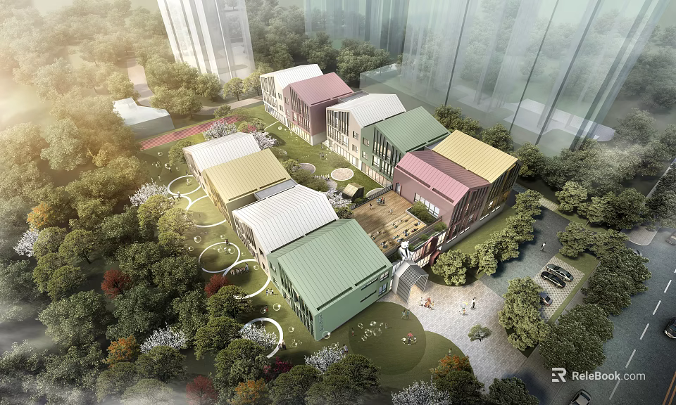 Contemporary School Campus Buildings With Colorful Roofs Surrounded By Green Trees And Lawns 3d model 