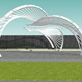 Modern White Curved Pergola Structure In Green Lawn With Trees And Pigeons
