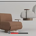 Brown And White Upholstered Single Sofa With Wooden Round Base And Small Round Side Table 3d model