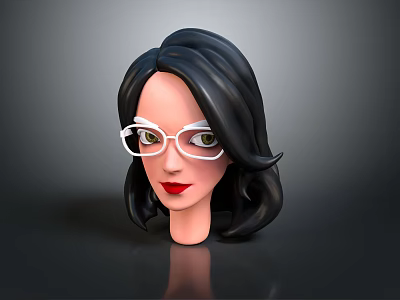 3D Model of a Woman with Black Curly Hair White Glasses Green Eyes Red Lips 3d model