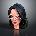 3D Model of a Woman with Black Curly Hair White Glasses Green Eyes Red Lips