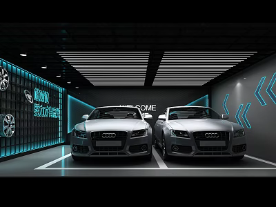Luxury Car Showroom With Two Silver Cars Parked Side By Side And Blue Accent Lighting 3d model