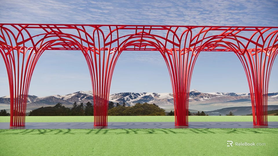 Red Vine Shaped Arched Pergola With Green Lawn Against Blue Sky And Snowy Mountains 3d model 