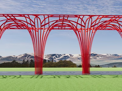Red Vine Shaped Arched Pergola With Green Lawn Against Blue Sky And Snowy Mountains 3d model