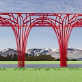 Red Vine Shaped Arched Pergola With Green Lawn Against Blue Sky And Snowy Mountains