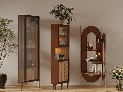 Stylish Decorative Cabinets With Glass Doors Rattan Details And Open Shelving In Living Room 3d model