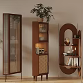 Stylish Decorative Cabinets With Glass Doors Rattan Details And Open Shelving In Living Room