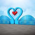 Outdoor Garden Ornament Blue Heart Shaped Fence Structure With Red Small Heart And Blue Sky