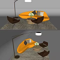 Modern Orange Curved Sofa Coffee Table With Brown Chairs Plant Area Rug And Floor Lamp