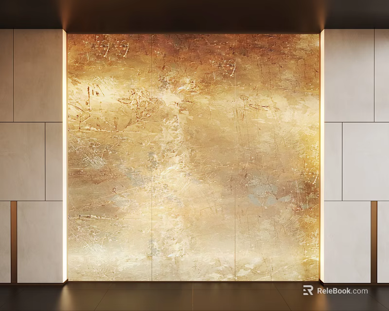 Luxurious Golden Textured Background Wall With White Side Cabinets And Warm Glow 3d model
