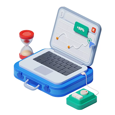 Open Laptop on Blue Suitcase with Hourglass Green +99% Label Upward Arrow Line Graph 3d model