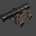 Antique Cannon Weapon With Black Barrel Wooden Carriage And Metal Wheels