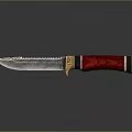 Decorative Serrated Knife With Red Wooden Handle And Golden Accents On Black Surface