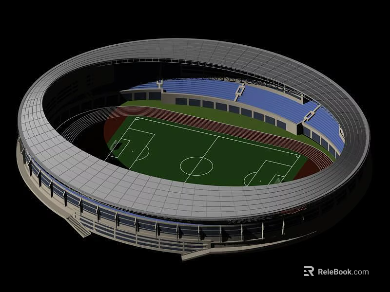 Circular Stadium Design With Soccer Pitch Running Track Blue Seats And Roof Structure 3d model 