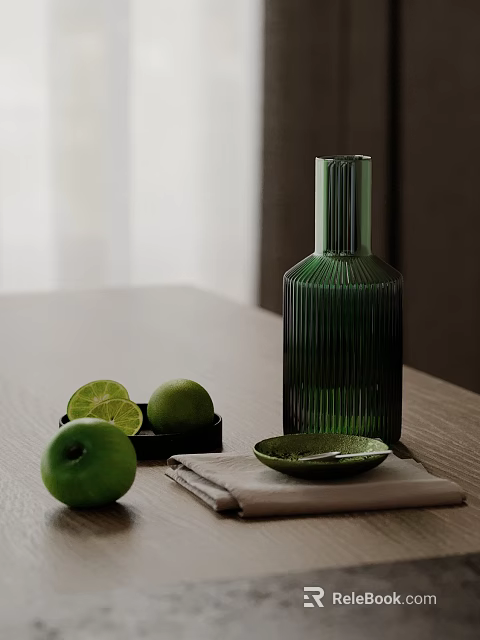 Stylish Decorative Ornament Set With Green Glass Vase Limes And Bowl On Wooden Table 3d model 