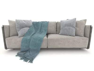 Modern gray two-seater sofa featuring two cushions blue blanket and dark armrests 3d model