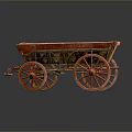 Antique Red Wooden Cart Featuring Large Spoked Wheels And Rustic Weathered Design