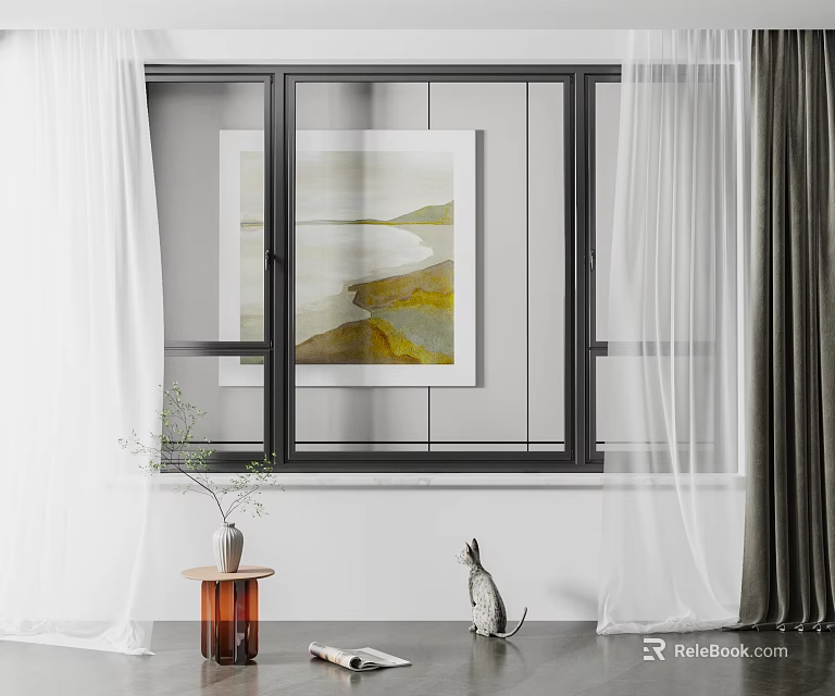 Interior Window Area With White Curtains Gray Drapes Artwork And Cat Figurine 3d model 