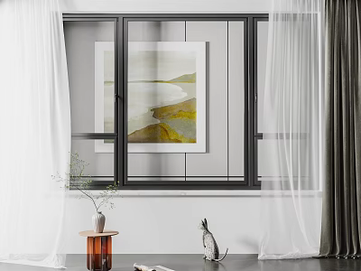 Interior Window Area With White Curtains Gray Drapes Artwork And Cat Figurine 3d model
