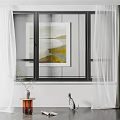 Interior Window Area With White Curtains Gray Drapes Artwork And Cat Figurine 3d model