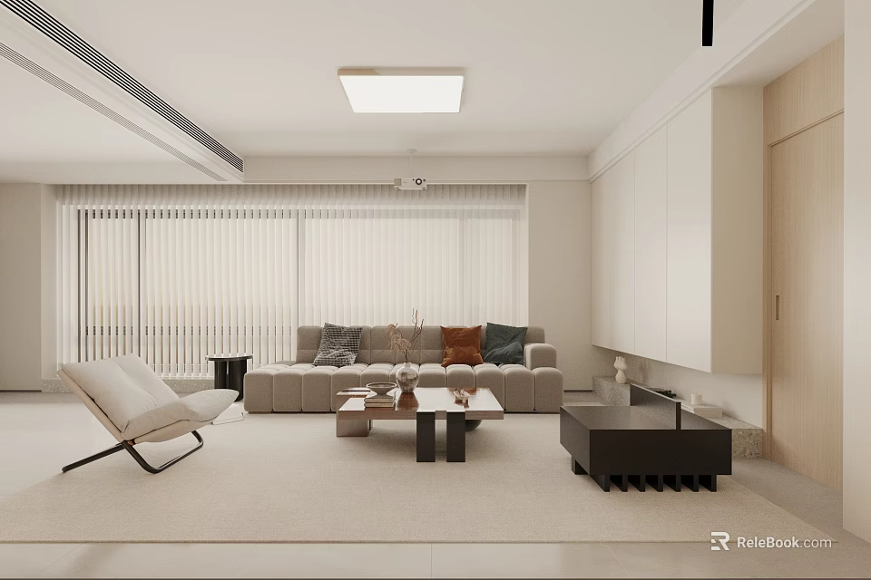 Modern Living Room Interior With Beige Sofa Coffee Table And Window Blinds 3d model 