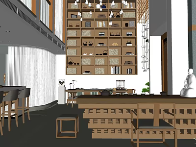 Traditional Teahouse Interior Design With Wooden Shelves Displaying Tea Sets and Comfortable Tables 3d model