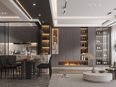 Modern Living Dining Room Interior With Gray Cabinets Dining Table Chairs Fireplace And Shelves 3d model