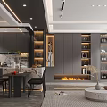 Modern Living Dining Room Interior With Gray Cabinets Dining Table Chairs Fireplace And Shelves