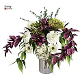 Elegant White Purple Flower Bouquet with Green Leaves in Glass Vase