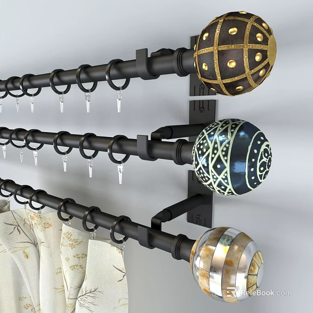 Stylish Curtain Accessories With Metal Rods Rings Hooks And Decorative Finials 3d model 