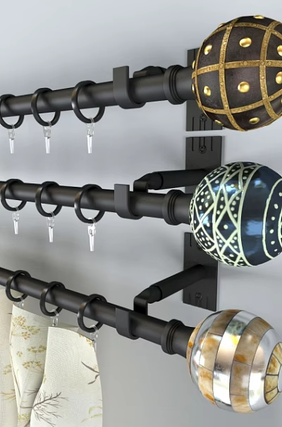 Stylish Curtain Accessories With Metal Rods Rings Hooks And Decorative Finials 3d model