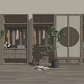 Modern Wooden Wardrobe Design With Open Storage Hanging Clothes Circular Panel And Decorative Plants