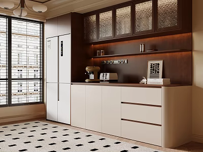 Modern Sideboard With White And Dark Wood Upper Cabinets Coffee Machine And Window Blinds 3d model