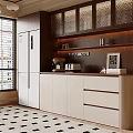 Modern Sideboard With White And Dark Wood Upper Cabinets Coffee Machine And Window Blinds