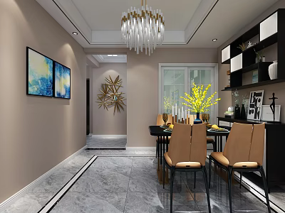 Modern Restaurant Interior With Chandelier Decorative Paintings Dining Table Chairs And Yellow Flowers 3d model