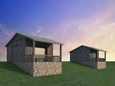 Two Wooden Houses on Green Grass with Blue Sky Stone Foundation and Porch Railings 3d model