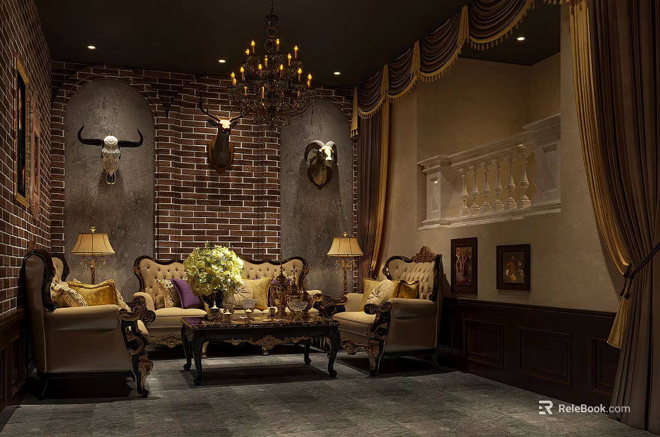 Luxury Living Room Interior Design With Brick Wall Chandelier And Animal Skull Decor 3d model 