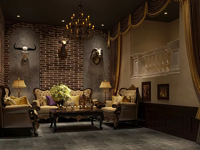 Luxury Living Room Interior Design With Brick Wall Chandelier And Animal Skull Decor 3d model