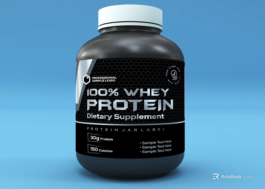 100% Whey Protein Dietary Supplement Jar Label with 500g and 120 Servings 3d model 