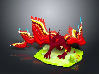Red Dragon Game Movie Character with Colorful Wings and Tail on Green Platform with Plants 3d model