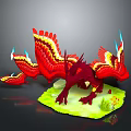 Red Dragon Game Movie Character with Colorful Wings and Tail on Green Platform with Plants