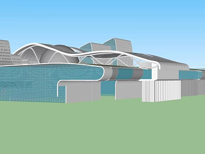 Modern Architectural Building With Streamlined Design Glass Curtain Walls And Blue Roof 3d model