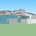 Modern Architectural Building With Streamlined Design Glass Curtain Walls And Blue Roof